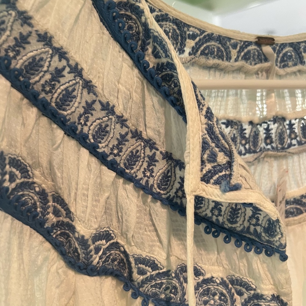 NWT Free People Beautifully-Embroidered Boho Dress - Size L White/Blue details